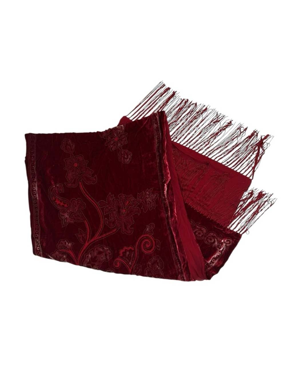 Vintage Oversized Western Kitschy Red Paisley Silk Wrap Soft Velvet Fringe Scarf